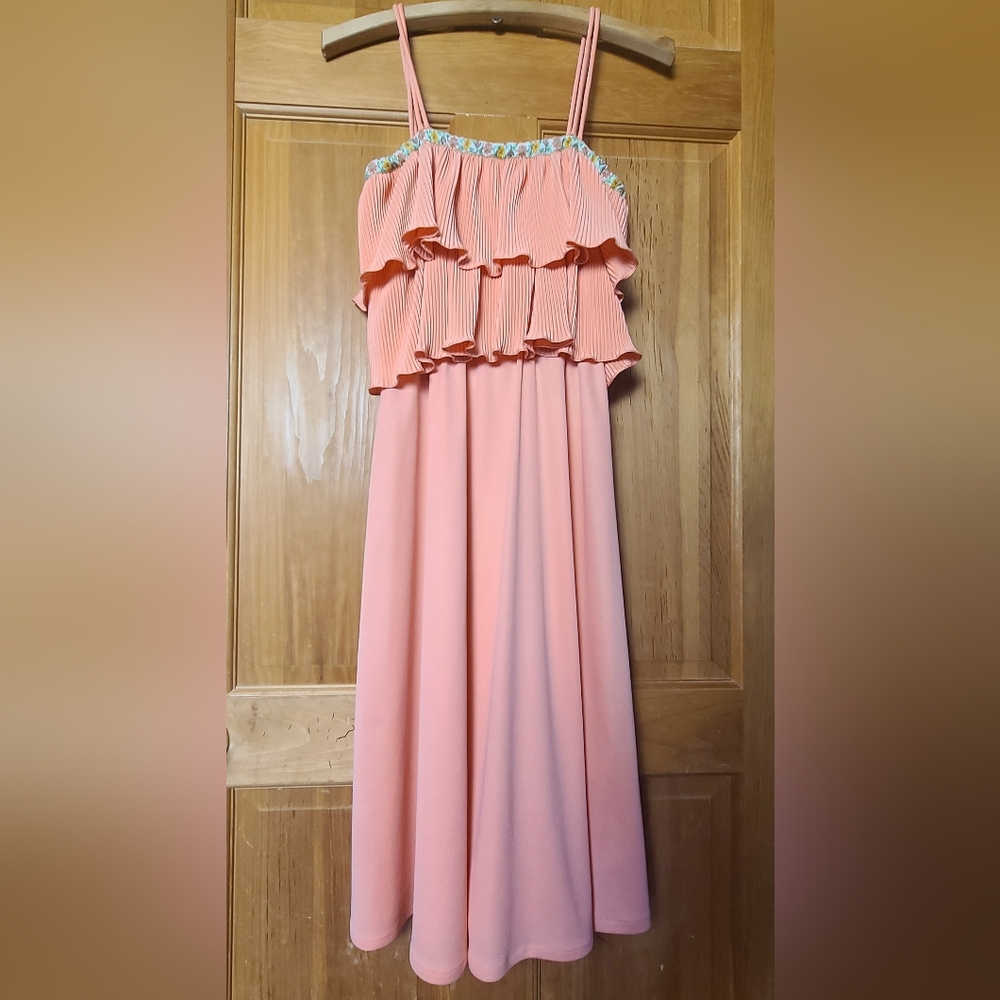 Vintage 70s Peach Pleated Midi Dress Floral Embroidered Trim Boho Prairie